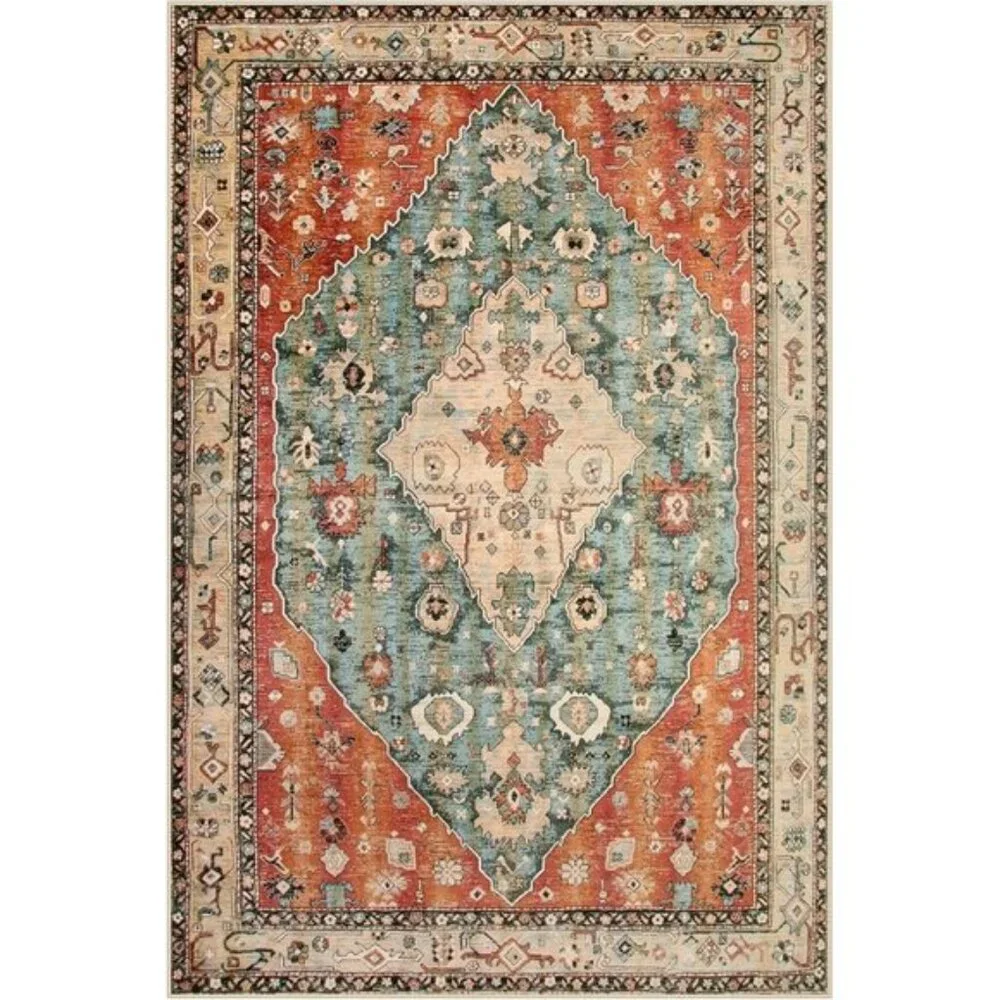 5x7 Boho Tribal Rug, Washable Distressed Rust/Teal Carpet for Living & Dining